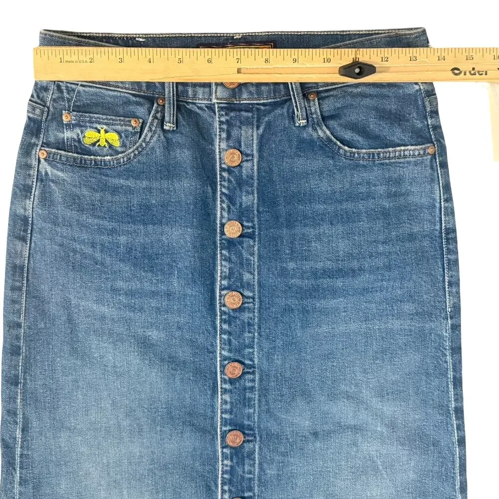 Mother La DoubleJ Button Vagabond Embroidered Blue Denim Midi Skirt Size 25 NEW